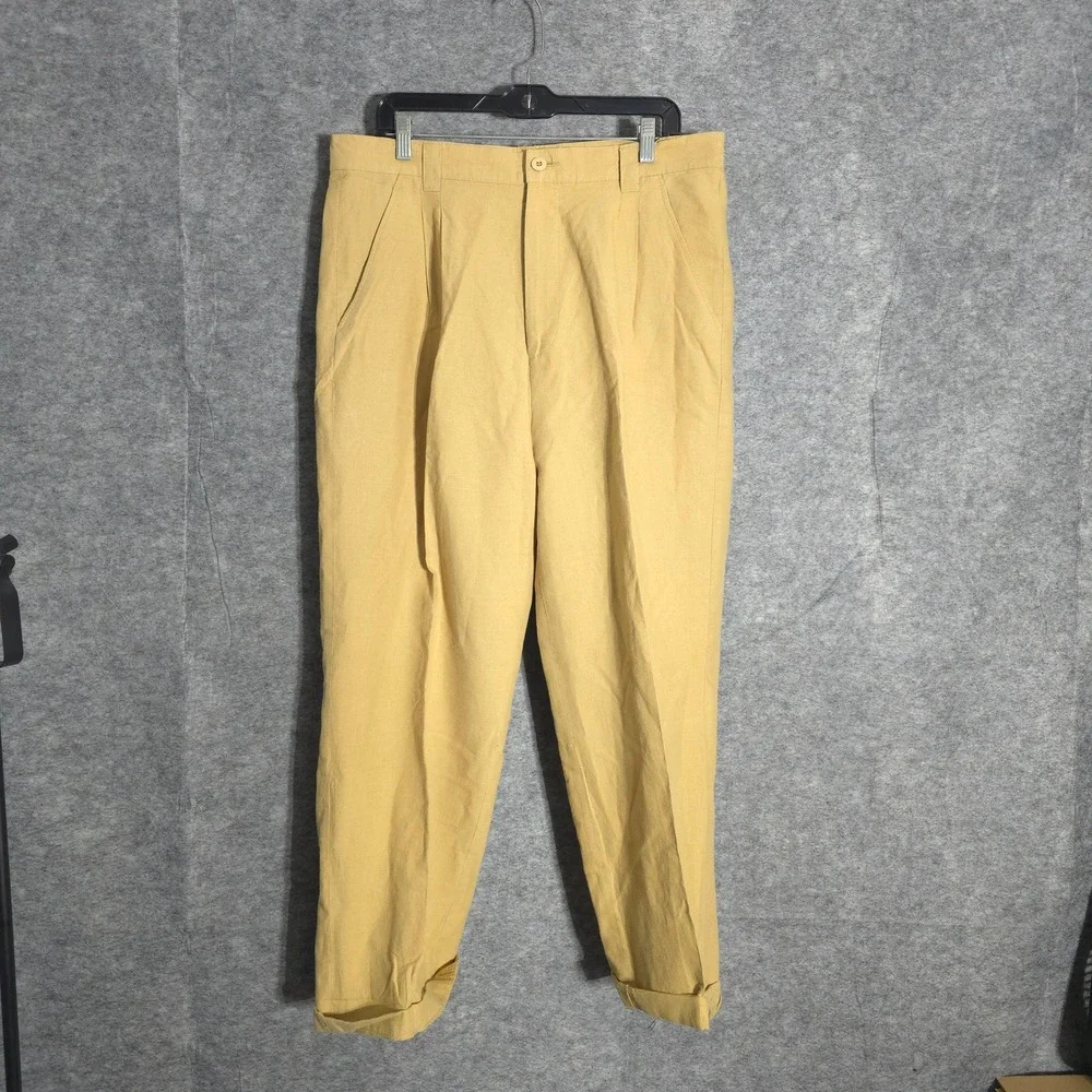 Pierre Garcia Linen Trousers Mens 36 Tan Pleated Cuffed Summer Beach Pants 36x26